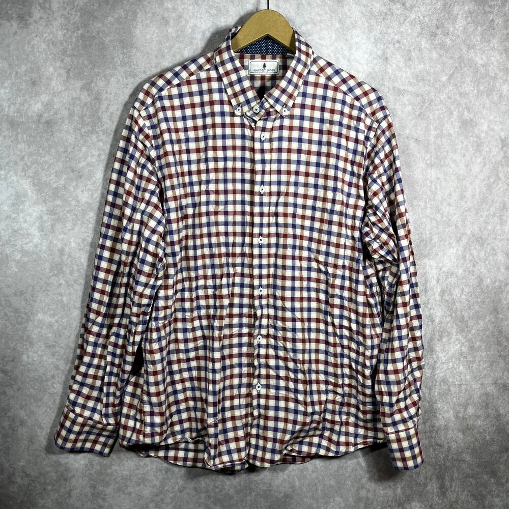 Southern Pines Shirt Mens XL Red Blue Checkered Button Down Long Sleeves Casual